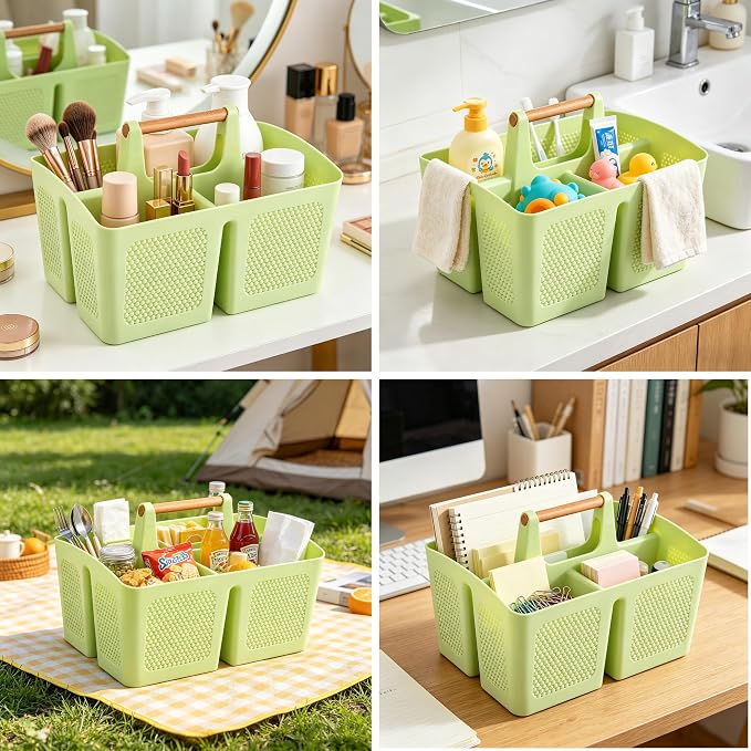 Plastic Green Shower Caddy Basket with 3 Compartments, Portable Divided Bathroom Cleaning Caddy Organizer Storage Tote with Handle for Dorm, College, Room Essentials