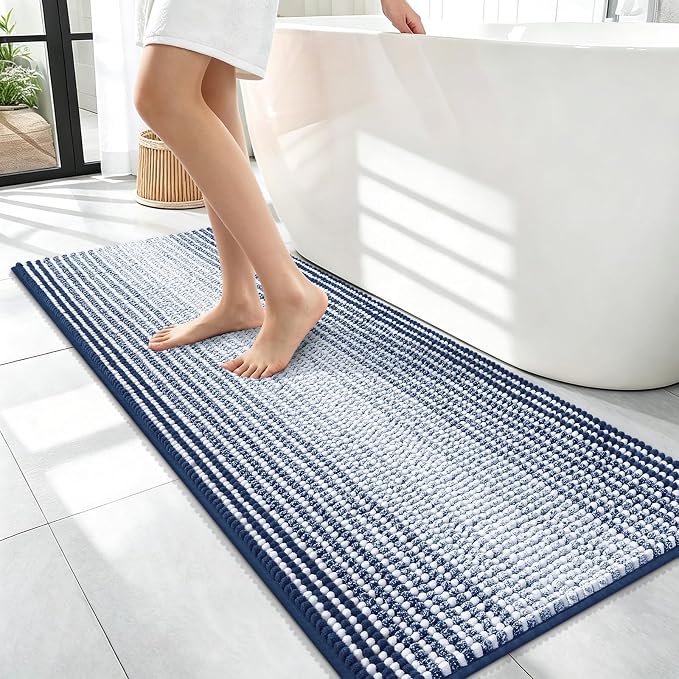 OLANLY Bathroom Runner Rugs 47x17, Soft Chenille Striped Bath Rugs, Navy | Extra Absorbent, Rubber Backing, Machine Wash Dry, Bath Mats for Bathroom Floor, Tub and Shower, Home Decor Accessories