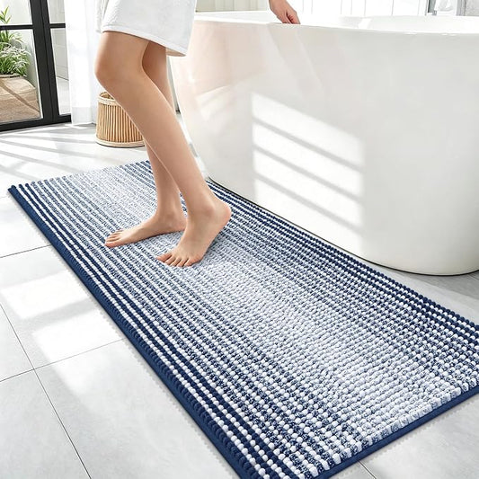 OLANLY Bathroom Runner Rugs 47x17, Soft Chenille Striped Bath Rugs, Navy | Extra Absorbent, Rubber Backing, Machine Wash Dry, Bath Mats for Bathroom Floor, Tub and Shower, Home Decor Accessories