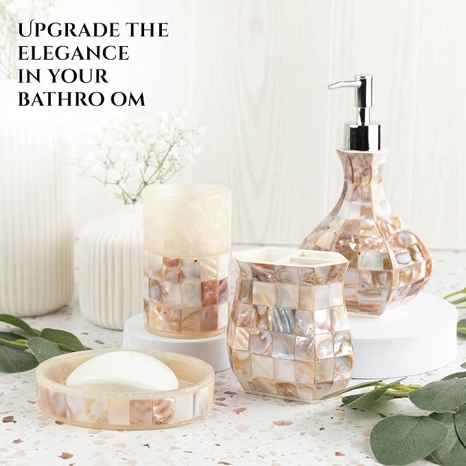 Milano Toothbrush Cup - Electric Toothbrush Holder for Bathroom fits Toothbrushes and Toothpaste - Bathroom Tumbler Cup Finished with Beautiful Mother of Pearl Shells