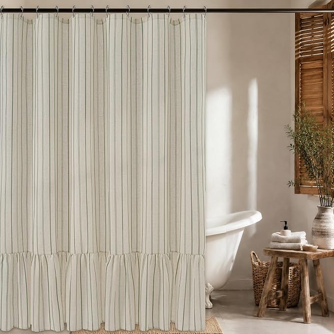 Yinhua Farmhouse Shower Curtain with Ruffle, Green Striped Linen Shower Curtains Set with Hooks for Bathroom, Country Vintage Long Bath Curtain Waterproof Weighted Washable Fabric, 72" W x 84" L