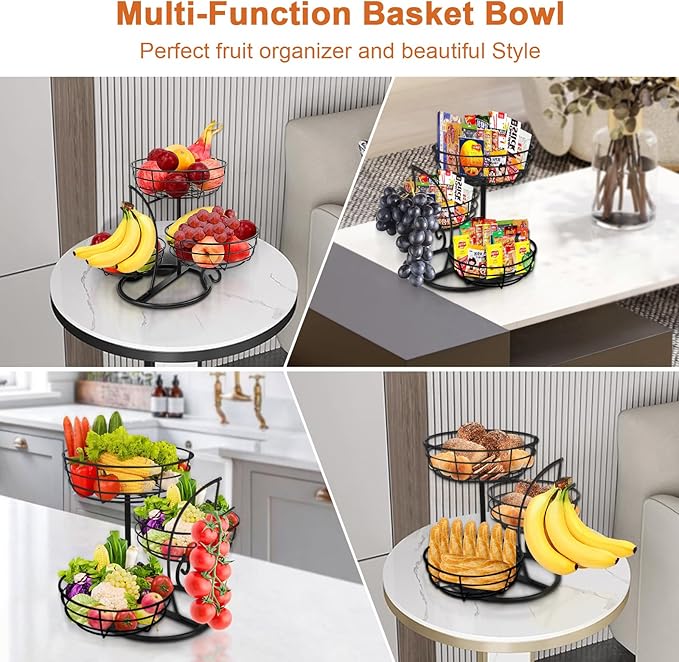 Livabber Fruit Basket Bowl with Banana Hanger, Fruit Vegetable Storage Basket with Banana Tree Holder for Kitchen Counter, Detachable Organizer for Bread Snack Produce (Black, 3-Tier Metal Base)