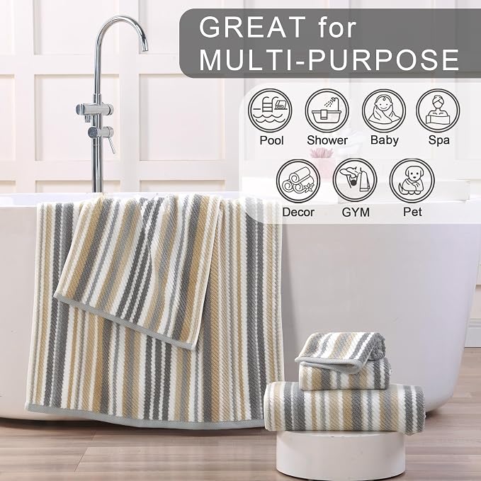 VOOVA & MOVAS Striped Towels 6 Pack, 100% Cotton, Gray Beige | All-Around Bathroom Use, Available in 13x13, 16x27, 28x52 In, Quick Dry, Soft, Absorbent, Bath Towels with Hanging Loops