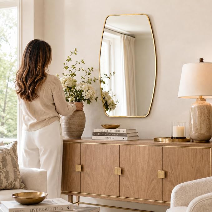 Brushed Gold Curved Rectangle Bathroom Mirror, 24x36 Inch | Aluminum alloy frame, tempered glass, two-way keyhole mount, for bedroom, dresser, hallway
