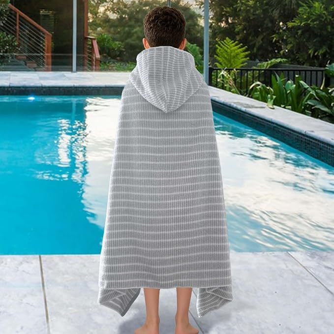 VOOVA & MOVAS Big Kids Hooded Bath Wrap, 8+, 100% Cotton, Thick, Gray White | Classic Horizontal Stripe, Soft, Absorbent & Quick Dry, Great for All Water Activities