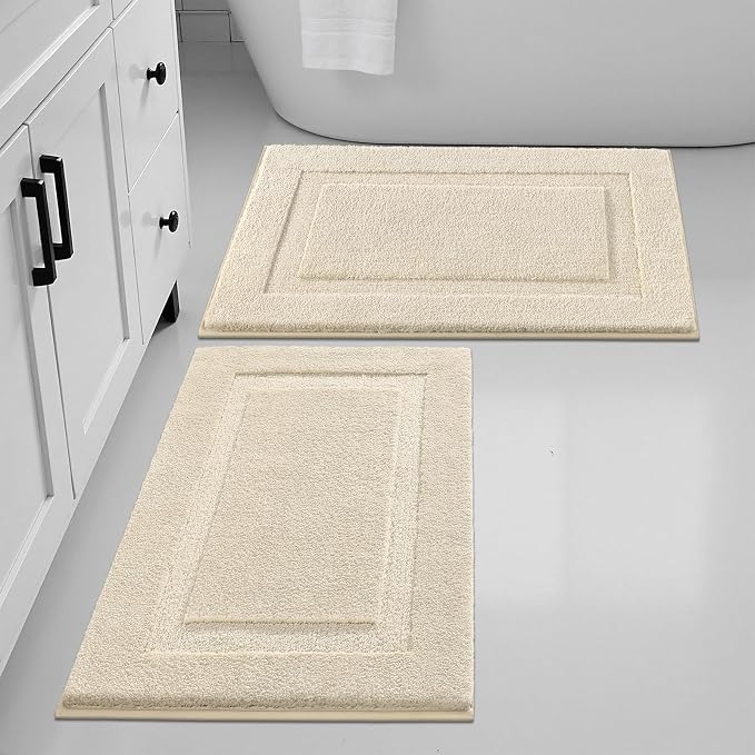 SHACOS Soft Microfiber Light Beige Bathroom Rugs Sets 2 Pieces 32x20 inch | Absorbent Plush Bath Rugs, Non Slip Washable Shaggy Bath Mats, Fluffy Bathroom Runner Floor Mats Shower Rug
