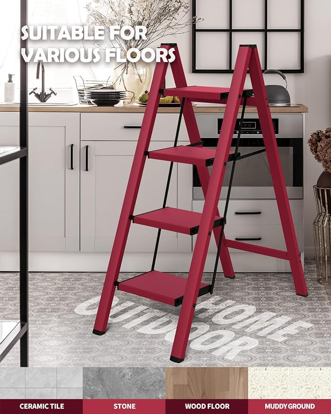 Taranta 4 Step Stool Foldable,Aluminum Step Ladder-Red | Lightweight,Wide Anti-Slip Pedals,Folding Step Stool,330lbs Capacity Stepladder for Household,Kitchen,Office