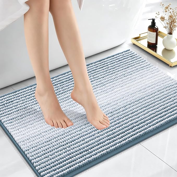 OLANLY Small Bathroom Rugs 24x16, Chenille Striped Bath Rugs, Airy Blue | Extra Soft Absorbent, Rubber Backing, Machine Wash Dry, Bath Mats for Bathroom Floor, Tub and Shower, Home Decor Accessories