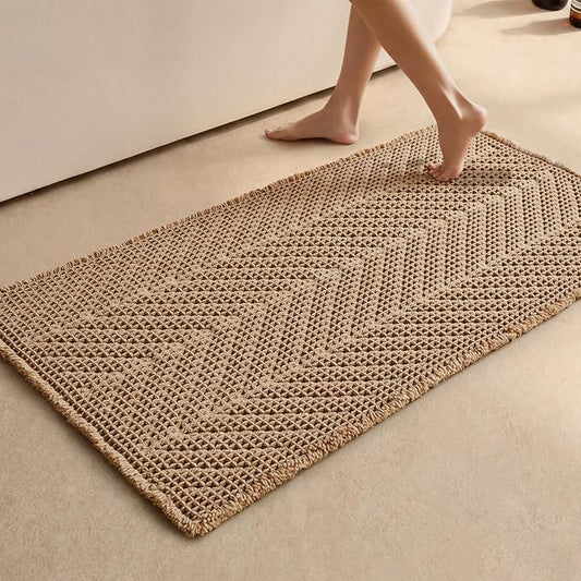 Sunfly Boho Bathroom Rug, Herringbone Waffle Bath Mat Non-Slip Washable Super Absorbent Quick Dry, Farmhouse Bath Mat for Bathroom Floor Decor 24"*48" Khaki