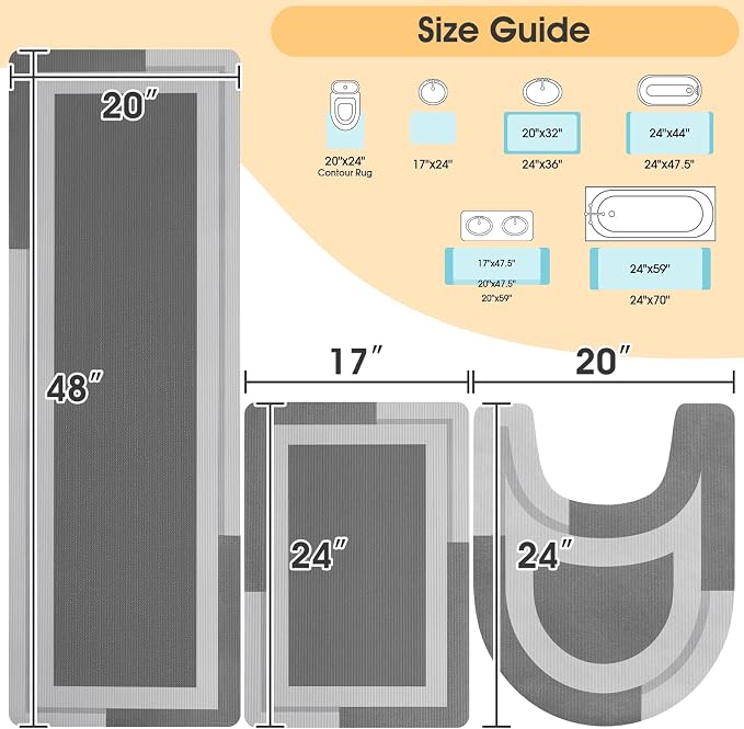 Non Slip Bath Mat, Thin Bathroom Rugs Fit Under Door, Quick Dry Bath Mats, Machine Washable Bath Rugs for Bathroom, Bathtub & Kitchen, Bathtub & Kitchen, Grey/Bordered/3 Piece