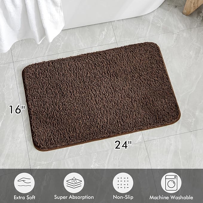 MIULEE Brown Bathroom Rugs Soft Small Microfiber Bath Mat 16x24 Inch | Absorbent, Non Slip, Quick Dry, Fluffy Bath Rugs for Bathroom Floor Tub Showers, Machine Washable
