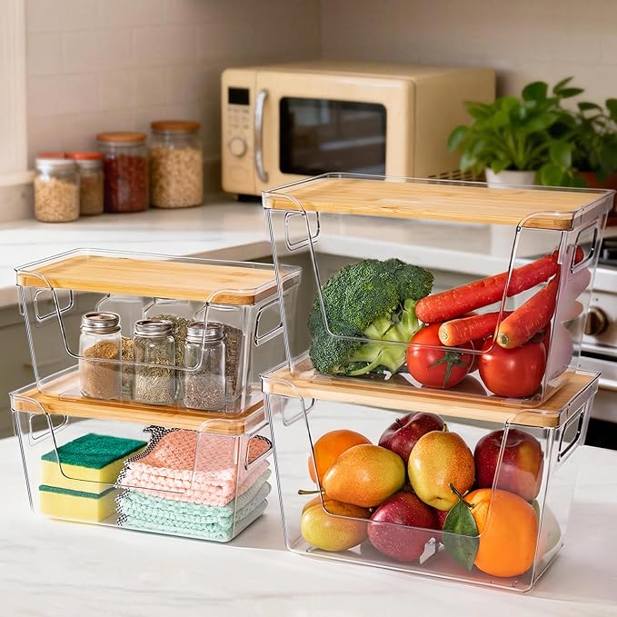 2 Large and 2 Small Pantry Organizers and Storage with Bamboo Lids, Stackable Clear Bins for Onion, Potato, Fruit, Vegetables, Trash Bag Dispenser, Kitchen and Under Sink Organizer