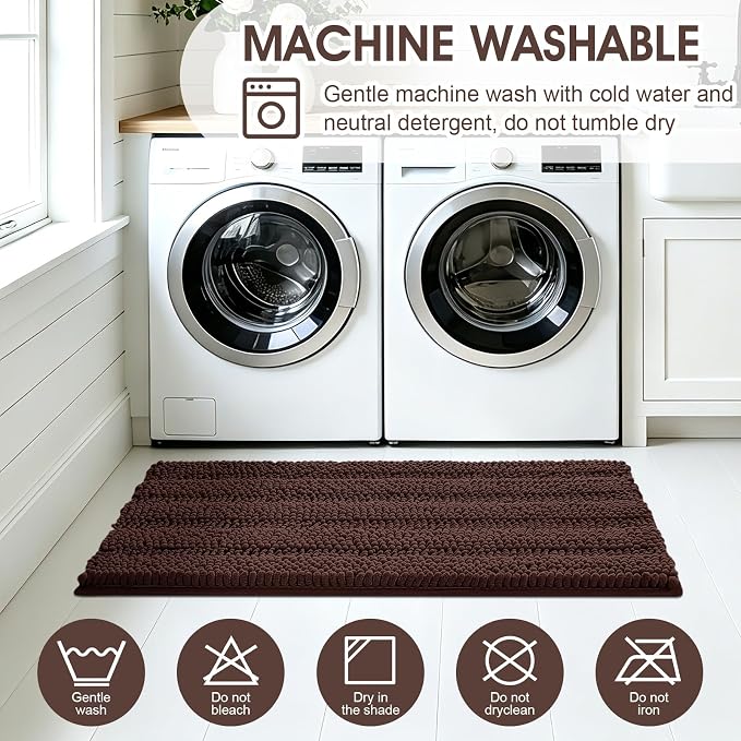 Striped Brown Bathroom Rug Set 3 Pieces Ultra Soft, Non Slip Chenille Toilet Mat, Absorbent Plush Shaggy Bath Mats for Bathroom, Bedroom, Kitchen