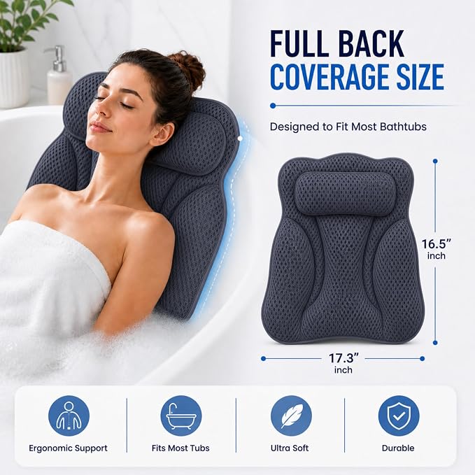 Bath Tub Pillow, Extra Thick Luxury Cushion with Strong Suction Cups for Head, Neck & Back Support, Breathable Spa Pillow for Relaxing Night Bath (Black)