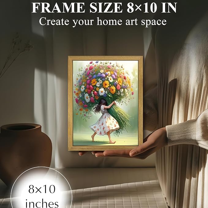 Wood Framed Pink Wildflower Canvas Wall Art, Girl Hugging Flowers Poster Prints Paintings, Teen Girls Preppy Bedroom Decor, Green Room laesthetic Picture for Kids Room Hallway Living Room 8x10 Inch