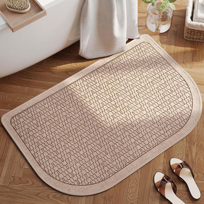 Half Circle Bath Mat, Thin Bathroom Rugs Fit Under Door, Brown 16x24 | Non Slip, Quick Dry Absorbent, Rubber Backing Washable, Semi Circle Bathmat for Bathroom Floor, Tub and Shower, Home Decor