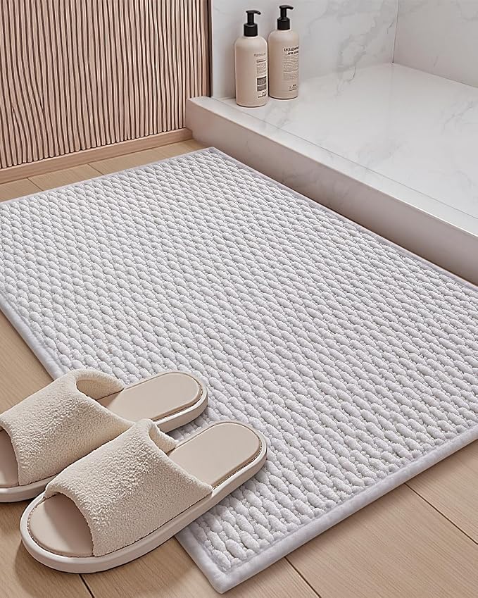 Color&Geometry 24"x36" Chenille Boho Bathroom Rug with Rubber Backing,White | Non Slip Absorbent Bath Mats for Bathroom Floor, Tub and Shower, Thin Fit Under Door, Washable Quick Dry