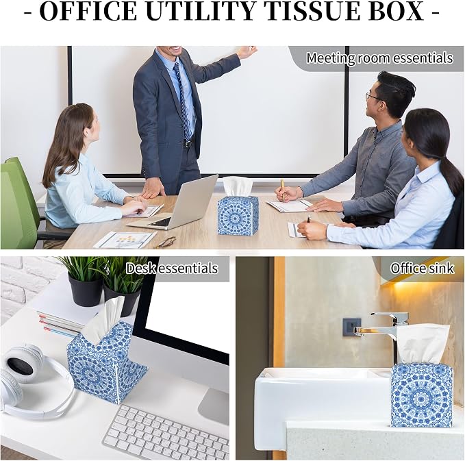Boho Mandala Flower Tissue Box Cover Square, Blue and White Porcelain Floral Tissue Box Holder Waterproof Leather Facial Paper Organizer Dispenser for Bathroom Home Car Nightstand Vanity Desk
