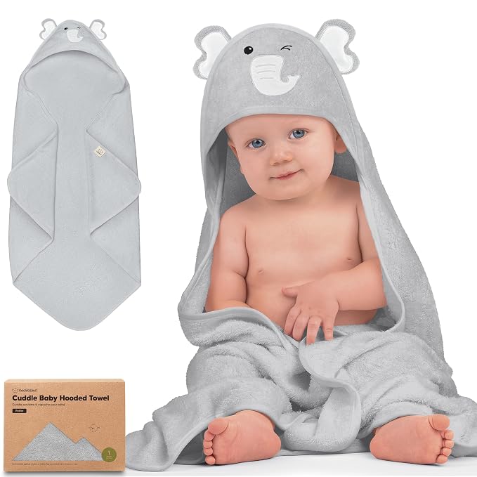 KeaBabies Hooded Baby Towel for Newborn, Baby Bath Towels (Elephant, 30x30) | Viscose Derived from Bamboo, Large Baby Towels with Hood, Boys, Girls, Toddler, Soft Absorbent Baby Bath Essentials