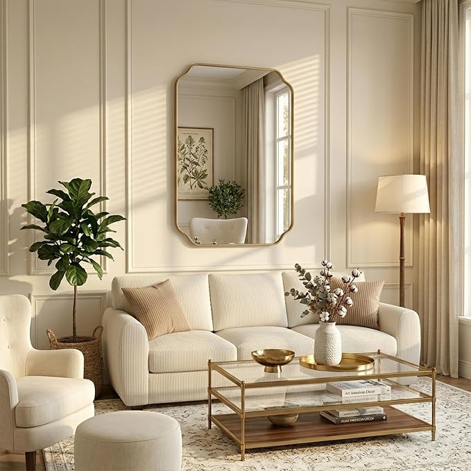 30"x22" Gold Wall Bathroom Mirror, Scalloped Edge Vanity Mirror | Hangs Vertically/Horizontally, Wooden Frame Decorative Mirror, For Vanity, Bedroom & Entryway, Aesthetic Bathroom Decor