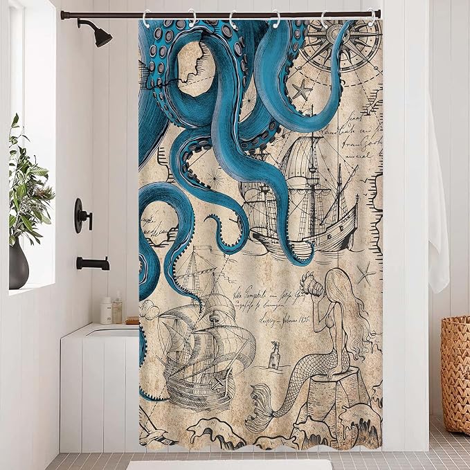 Fungarth Stall Vintage Nautical Octopus Shower Curtain Navy Blue Mermaid Funny Ocean Kraken Shower Curtains for Bathroom Cool Anchor Coastal Map Waterproof Fabric Bath Curtain Decor (Retro, 36” x 72”)