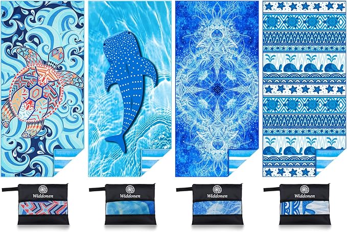 Widdonen Microfiber Beach Towel,Compact 4 Pack-71x32 Inch with Bag Travel | Extra Large,Lightweight,Thin,Sand Free,Quick Dry,Absorbent.Packable for Camping,Swim,Pool,Bath,Picnic,Cruise Essentials Gift