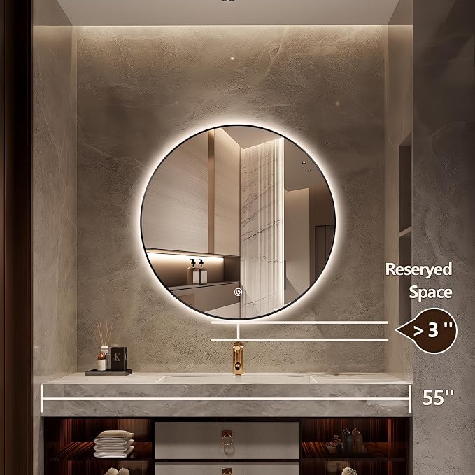 36" Round LED Bathroom Mirror, Wall Mounted Backlit Vanity Mirror with 45° Beveled Frame Lighted Mirror for Bedroom, Fog Free 3-Color Dimmable Lights Memory Function, Black