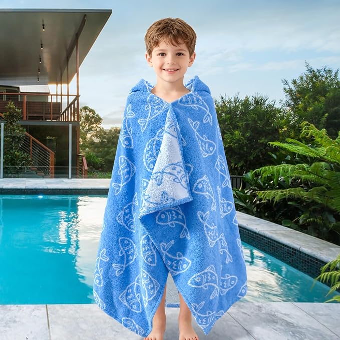 VOOVA & MOVAS Kids Hooded Towel, 3-6 Years, 100% Cotton, Blue Fish | Cute Fish Jacquard Print, Fast Dry Performance, Excellent Absorbency, Ideal for Daily Bath and Outdoor Water Activities