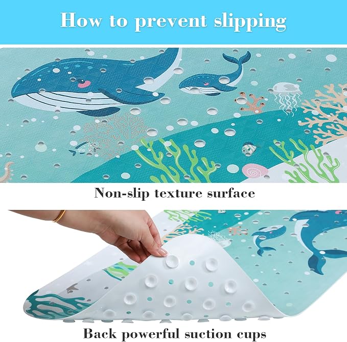Secopad Bathtub Mat Non Slip, Cute Tub Mat, 40" x 16", 2-Whales | Rectangular, Anti-Slip, Machine Washable, with Drain Holes and Suction Cups,For Bathtub and Shower Floor, for Toddler & Kids