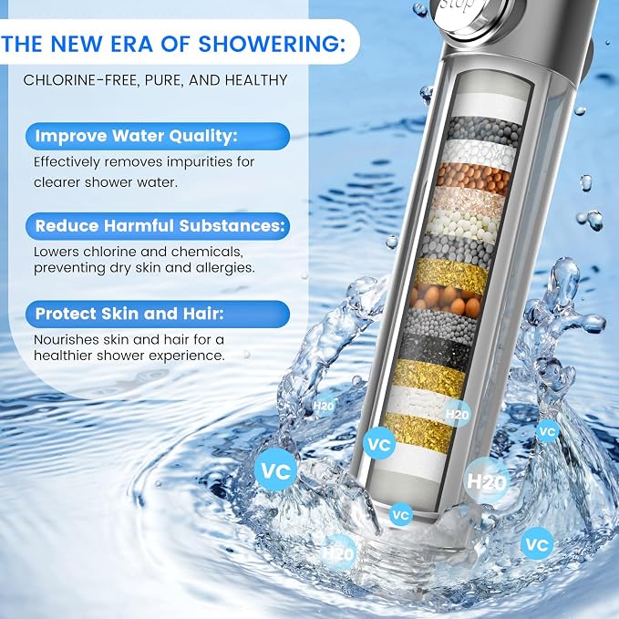 PWERAN Filtered Shower Head with Handheld,High Pressure Shower Heads Filter | ON/OFF Switch,4 Spray,Built-in Power Wash,Detachable Showerhead,Silicone Massage Brush,Remove Chlorine,Reduces Dry Itchy Skin