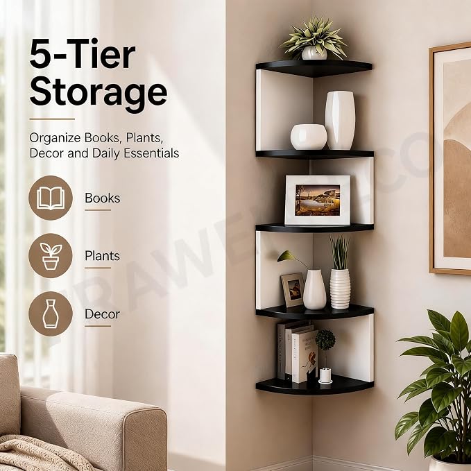 No-Drill Corner Shelf Wall Mount, 5-Tier Floating Corner Bookshelf with Hooks, Space-Saving Zigzag Plant Shelf for Bedroom, Living Room, Bathroom, Home Office(Black & White)