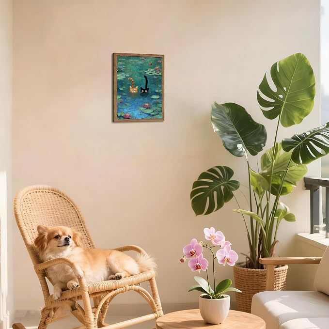 Framed Cat Wall Art, Vintage Whimsical Claude Monet Canvas Wall Decor Painting, Cute Funny Water Lilies Cat Poster Print Picture for Living Room Bedroom Bathroom 16x24 Inch