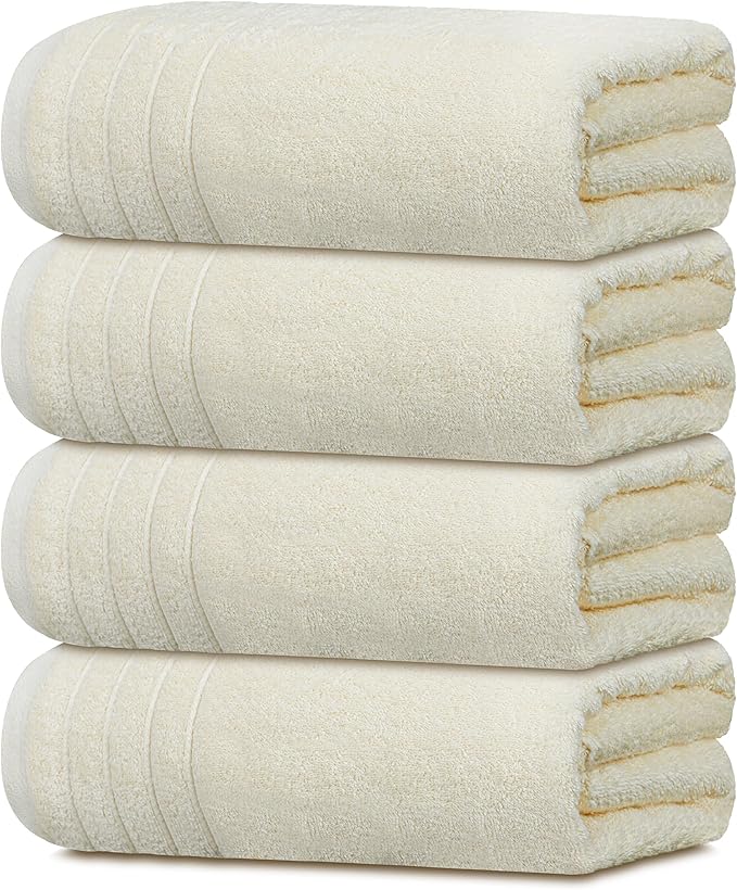4 Piece Extra Large Bath Towels 30 x 60 Inches, Cream | 100% Cotton, Larger & Lighter Weight, Quicker to Dry, Super Soft and Absorbent, Perfect for Bathroom