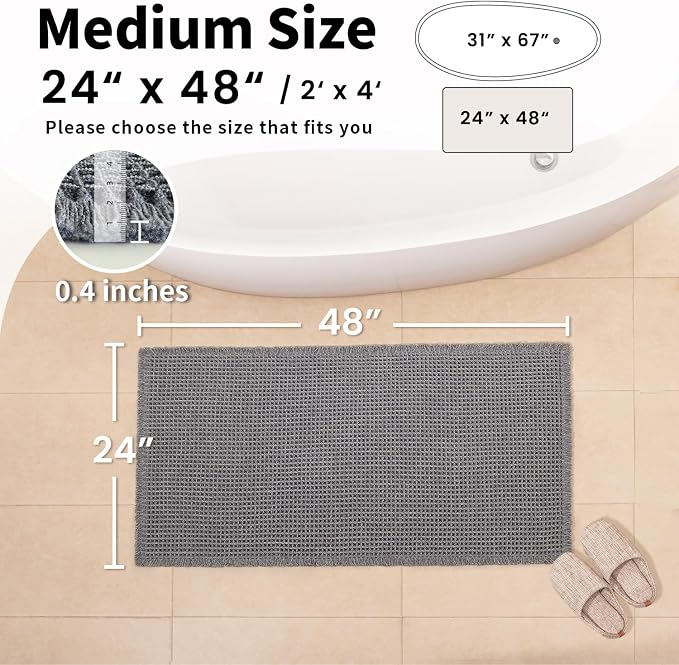 Waffle Bath Mat, Boho Bathroom Rugs Non Slip Washable, 24" x 48" | Super Absorbent Quick Dry Bath Mat, Boho Bathroom Mats, Soft Waffle Weave Farmhouse Bathroom Decor, Dark Grey
