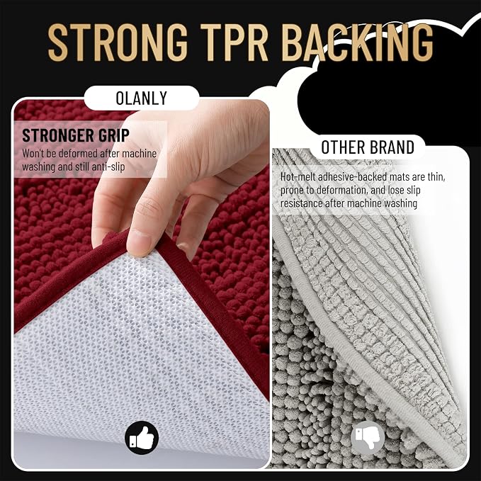 OLANLY Thick Bathroom Runner Rugs 44x24, Soft Chenille Long Bath Rugs, Red | Absorbent Striped, Rubber Backing, Machine Wash, Bath Mats for Bathroom Floor, Tub and Shower, Home Decor Accessories