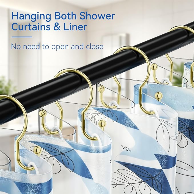 OEH Shower Curtain Hooks, 12 Pcs Minimalist Shower Curtain Rings, Metal Shower Curtain Hangers, Double Hook Gold Shower Curtain Hooks Rust Proof, Smooth Glide Shower Hooks for Shower Curtain Rod, Gold