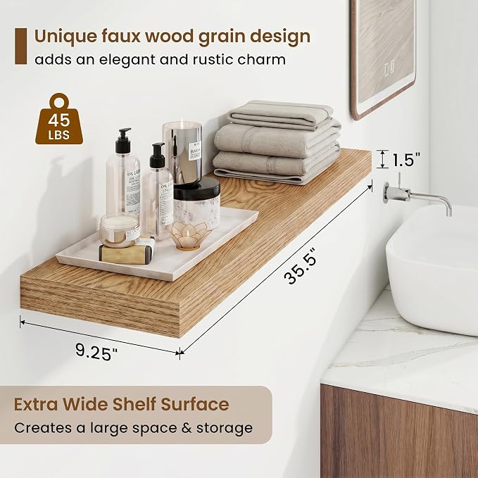 9.25in Depth 36in Floating Shelves, 36x9.25x1.4,Light Brown, Set of 2 | Wall Mounted Engineered Wood Shelves, Invisible Brackets for Living Room, Bedroom, Bathroom, Kitchen Decor and Storage