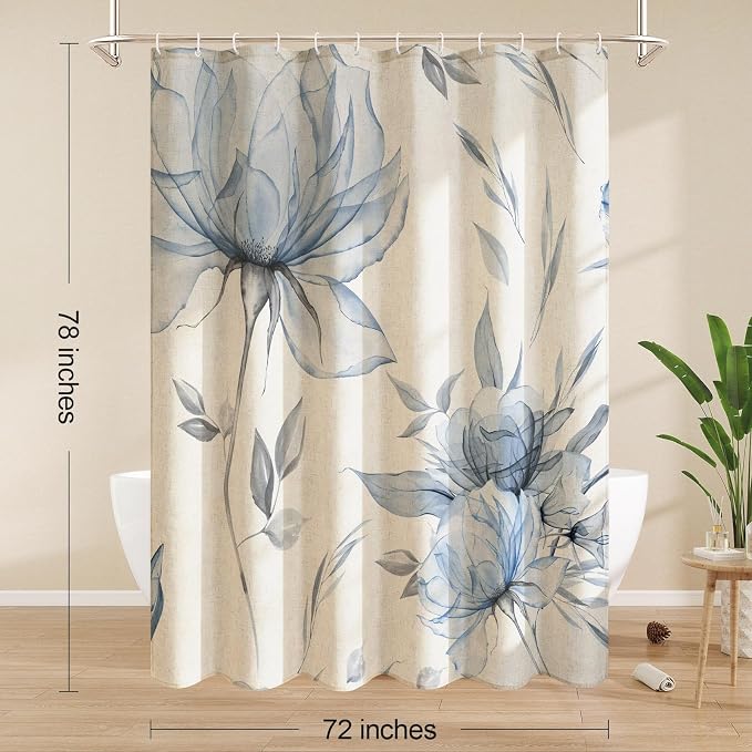 Litabel Long Blue Boho Floral Linen Shower Curtain 72 x 78, Modern Farmhouse Spring Cotton Shower Curtains for Chic Elegant Bathroom, Ink Painting Style Blossom 78 Inch Long Fabric Bath Curtain