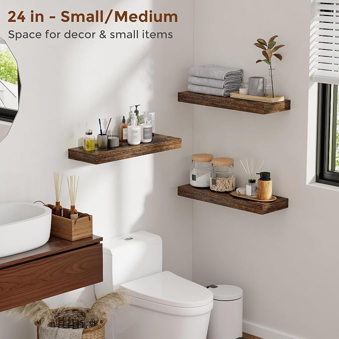 Heimlove 16 Inch Floating Shelves for Wall Set of 2, Rustic Brown Wall Mounted Wood Shelves 8 Inch Deep with Invisible Brackets for Bedroom Kitchen Living Room