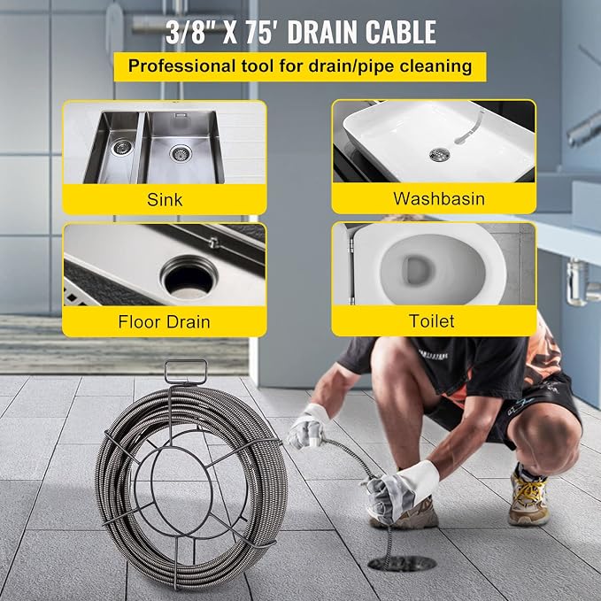 VEVOR Drain Cleaning Cable 75ft x 3/8 inch Solid Core Cable Sewer Cable, Drain Auger Cable Cleaner, Snake Clog Pipe Drain Cleaning Cable W/Four Shapes of Cutters