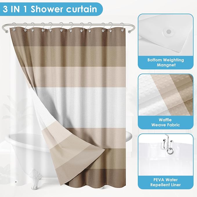 3 in 1 Shower Curtain and Liner,72 x 72 inch, Ombre Striped | Modern Beige Shower Curtain and PEVA Liner Set with 12 Rust-Resistant Metal Hooks, Waterproof Fabric Curtains for Bathroom