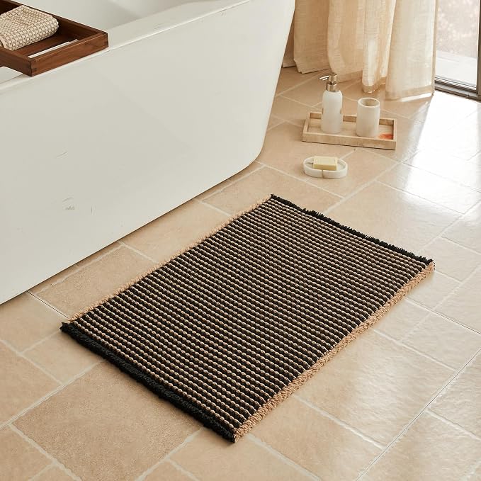Triohero Waffle Bath Mat, Boho Bathroom Rugs Non Slip Washable, Ultra Soft Super Absorbent Quick Dry Farmhouse Bathroom Decor, 20" x 30", Black & Khaki
