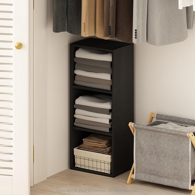 Furinno Reed Closet Organizers and Storage, 3-Tier Closet Organizer, Open Shelf Closet Storage, for Wardrobe, Bedroom, Living Room, Blackwood