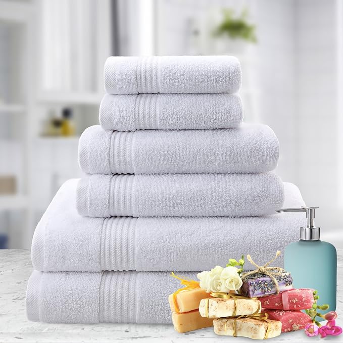 American Veteran Towel, 6 Piece Towel Set for Bathroom, 100% Cotton Turkish Bathroom Towels, 2 Bath Towels 2 Hand Towels 2 Washcloths, White