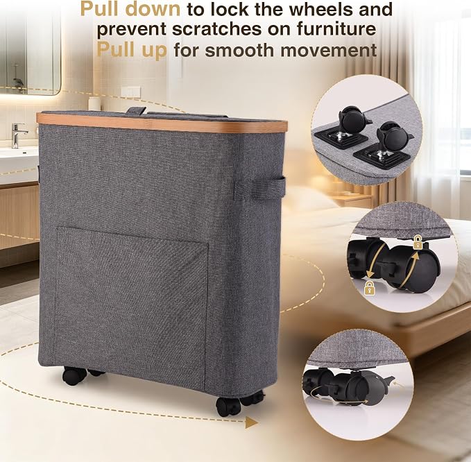 Toilet Paper Storage Organizer with Lid, 33L, Holds 16 Rolls (Grey) | Slim Foldable Design, Waterproof, with Lockable Wheels for Mobility, Ideal for Bathroom, Bedroom, Dorm, Laundry Room