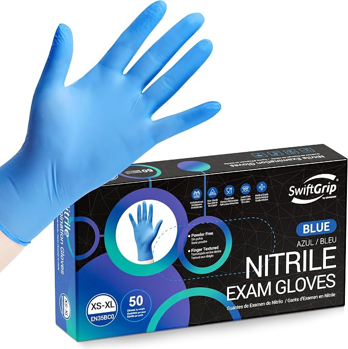 SwiftGrip Disposable Nitrile Exam Gloves, Blue, Latex Free, Medical Gloves for Cleaning, Food-Safe, Powder Free, Non-Sterile