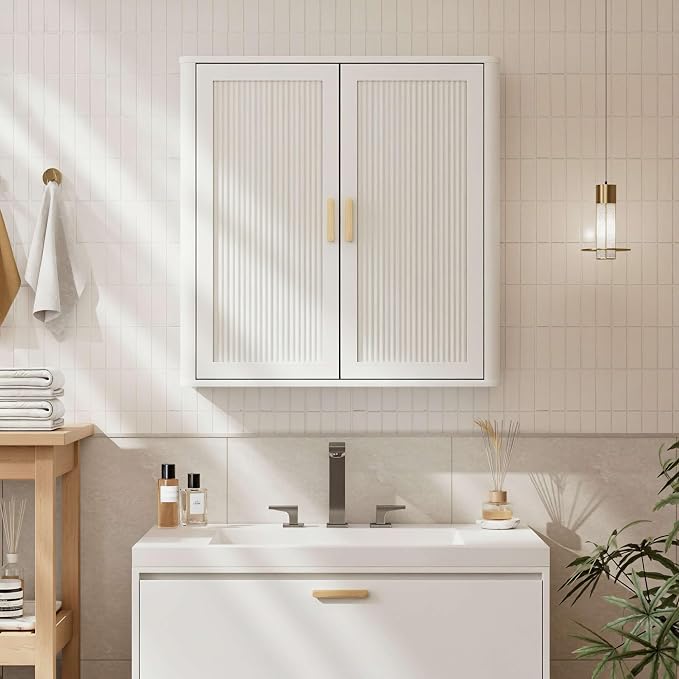 Bathroom Storage Cabinet, Over The Toilet Storage Cabinet, Medicine Cabinet with Adjustable Wood Shelf & Doors for Laundry Room & Kitchen & Living Room(White)