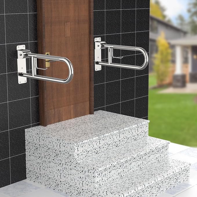 Flip-Up Toilet Grab Bar 24 Inch Chrome, Munzong Handicap Grab Bars | Anti-Slip Bathroom Safety Rails Stainless Steel Knurled Support handrails for Seniors Elderly Disabled Pregnant