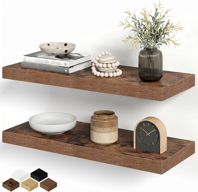 Floating Shelves for Wall, 24 Inch Floating Shelves Set of 2, Wall Mounted Rustic Wood Shelf for Bathroom, Living Room, Bedroom and Kitchen, Hanging Shelf for Storage, Books, Home Decor, Rustic Brown