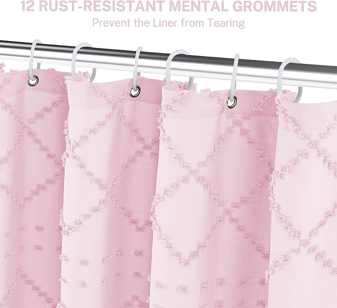 Siiluminisoy Boho Shower Curtain Pink Woven Fabric Cute Shower Curtain, 72 x 72 Tufted Chevron Textured Striped Modern Farmhouse Minimalist Cloth Shower Curtains for Bathroom